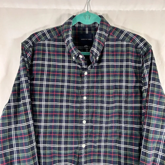 American Eagle Flannel Shirt Men's Large Green Blue Plaid Button Up Long Sleeve - Picture 2 of 8